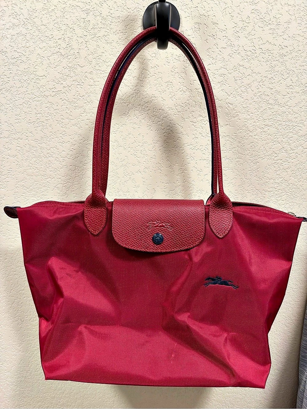 Longchamp Le Pliage Club Medium Tote Bag in Red with Blue Accents